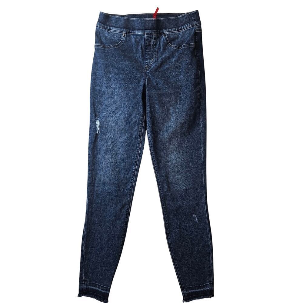 Spanx Pull On Jeans Denim Jeggings Medium Sculpt distressed Stretch Blue
